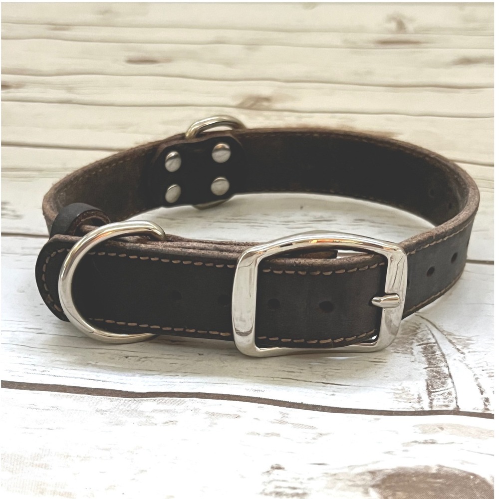 Adi Tyna Leather Dog Collar Dark Brown Heavy Duty Double D-Ring 23.5in